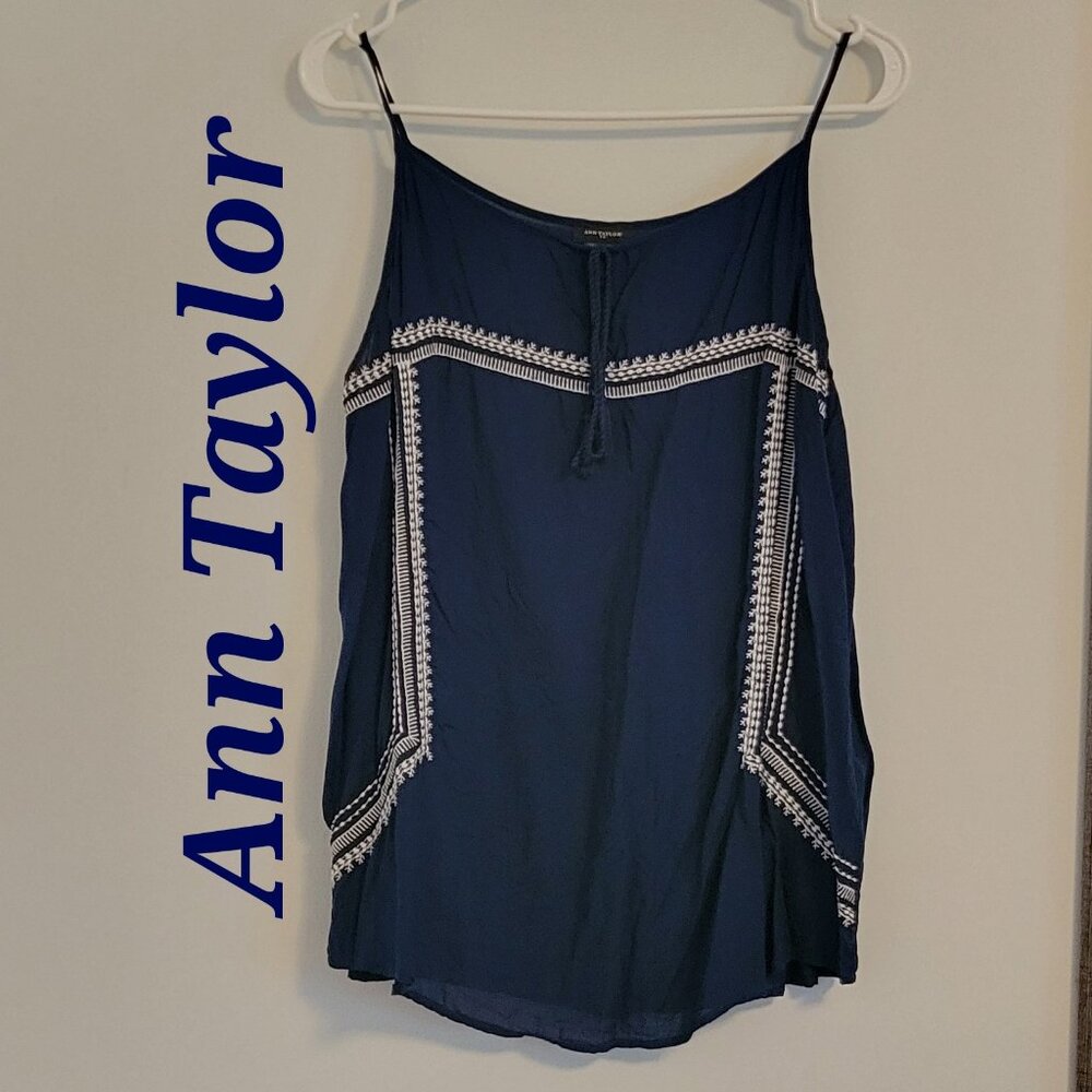 Ann Taylor Dress Navy Blue White Embroidery Flowy Breezy Tank Top Sz: L